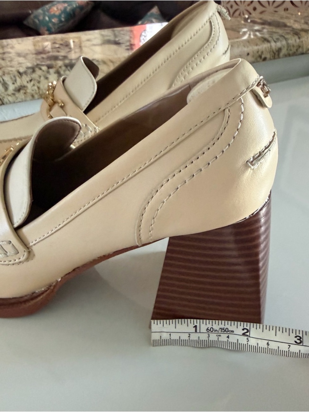 NWOT Sam Edelman Cream and Brown Leather Block Heel Loafers with Gold Chain - Picture 4 of 16